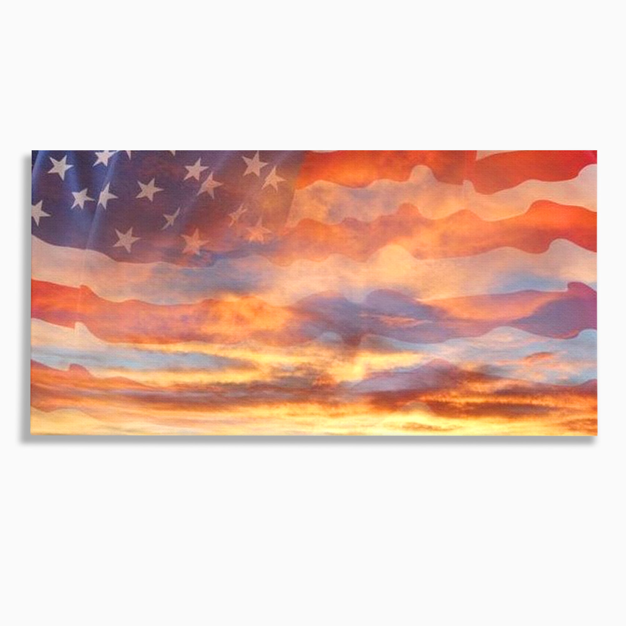 Tablou canvas cu tablou canvas cu steagul american si apus, fara rama, pe sasiu de lemn
